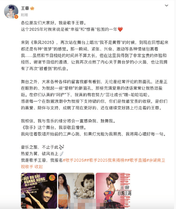 王蓉正式宣布参加《歌手2025》：我向往并尊敬这个舞台-1